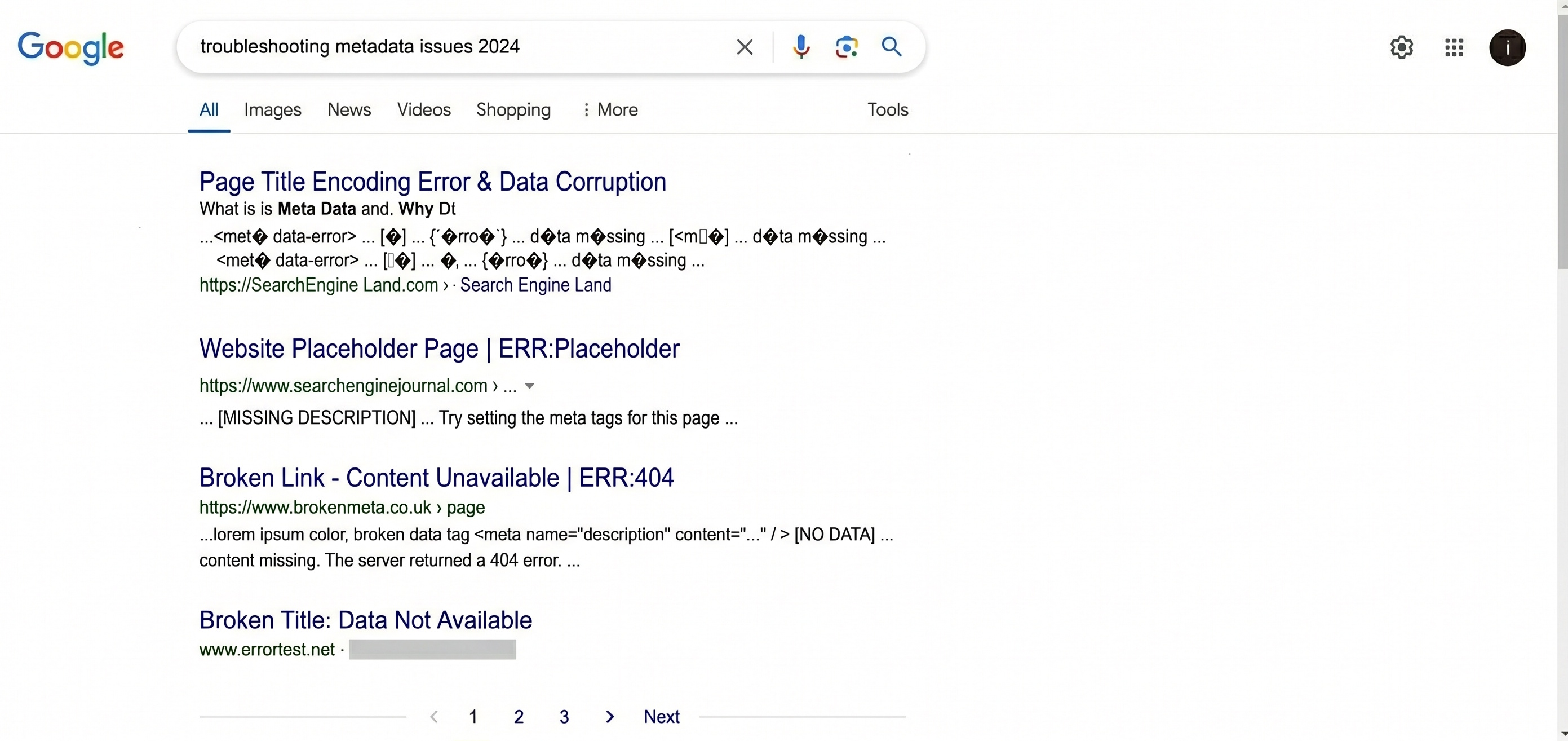 What a site with broken metadata looks like on Google